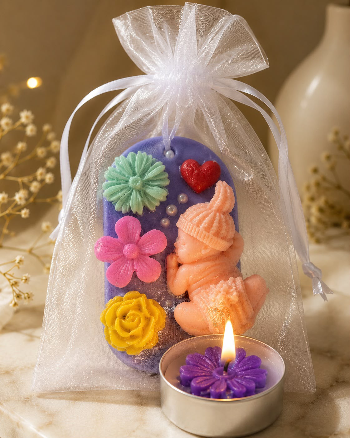 Baby scented wax sachet with tea light candle