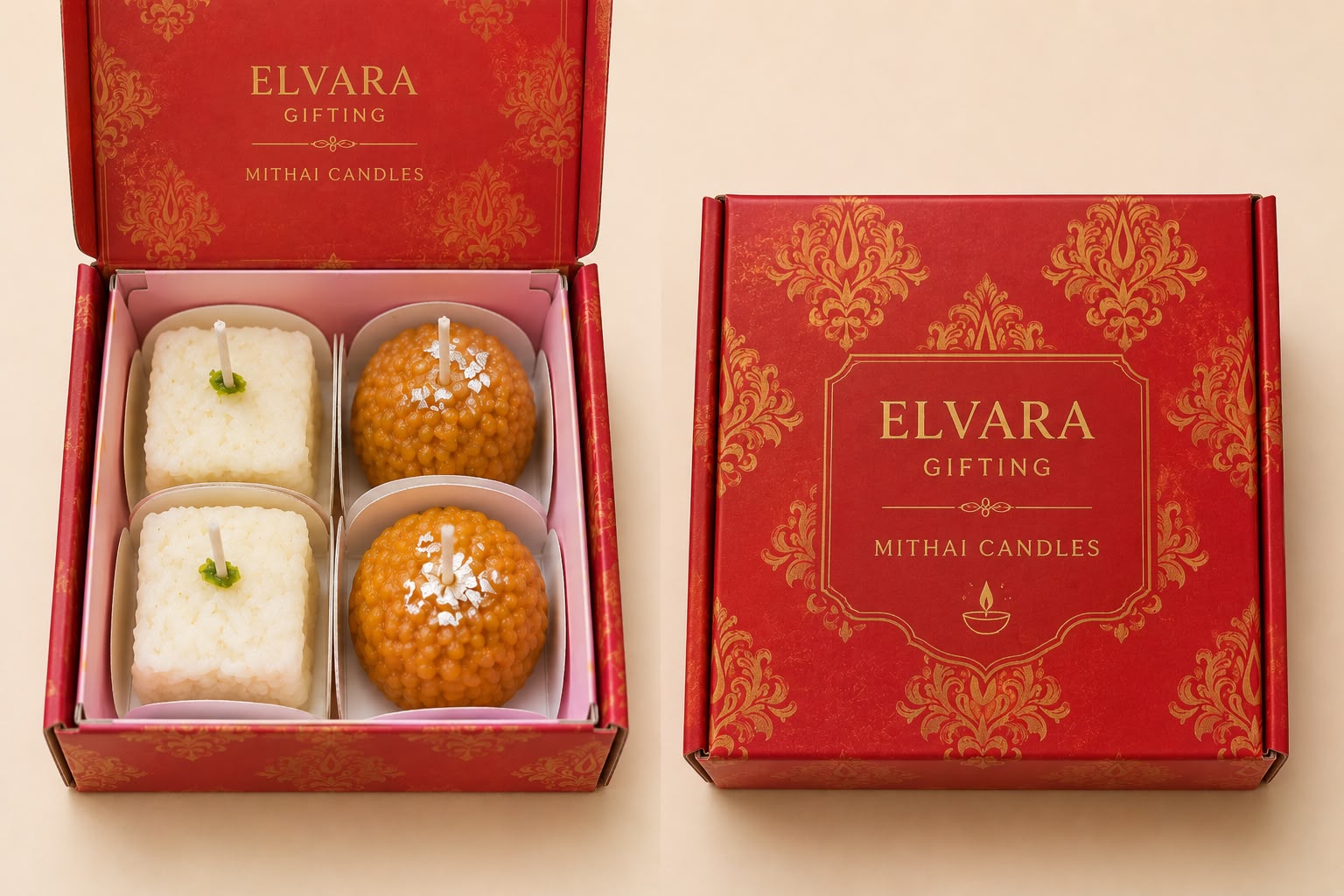 Elvara Mithai Box Candle – Soy Wax | Mithai Fragrance | Set of 4